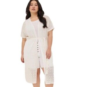 Torrid White Open Crochet Short Sleeve Tie Waist Duster Sweater Womans Size 3/4